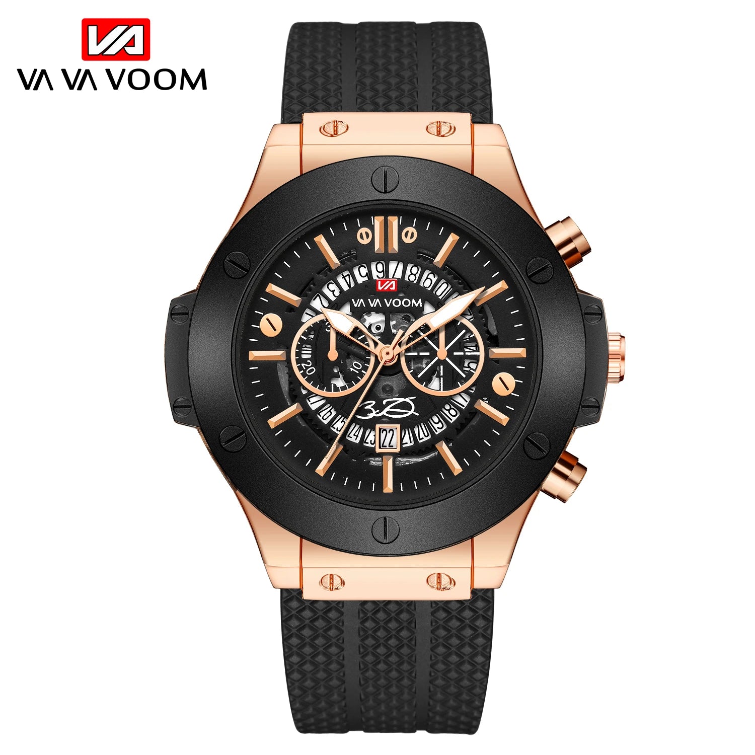 Black Silicone Mens Hand 46mm Hollowed Out Large Dial Rose Gold Fashionable Military Style Original Quartz Movement Sports Watch Peaceful Pleasures Health and Wellness 215F1