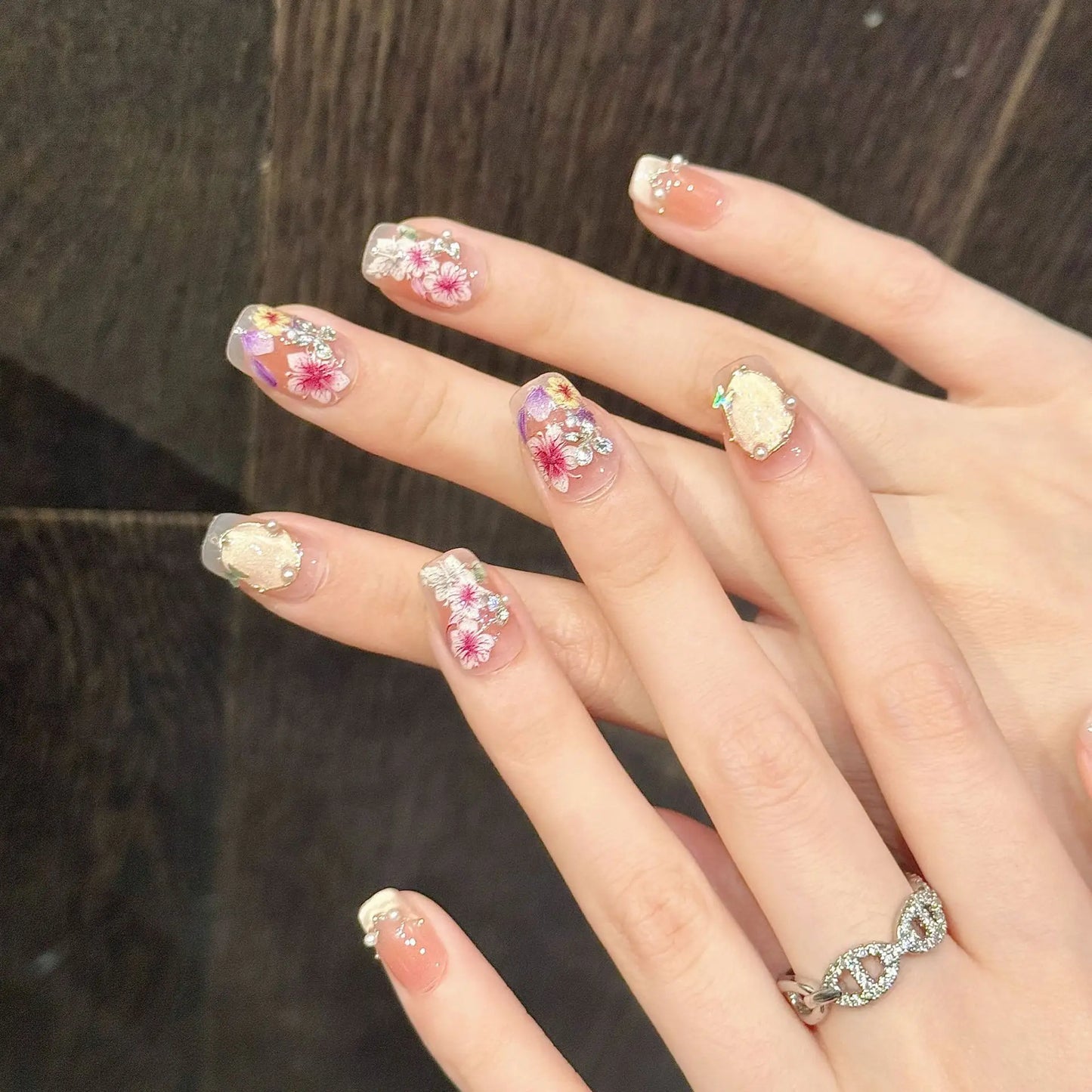 Handmade Cat Eye Press On Nails | Floral Korean Pink 10pcs