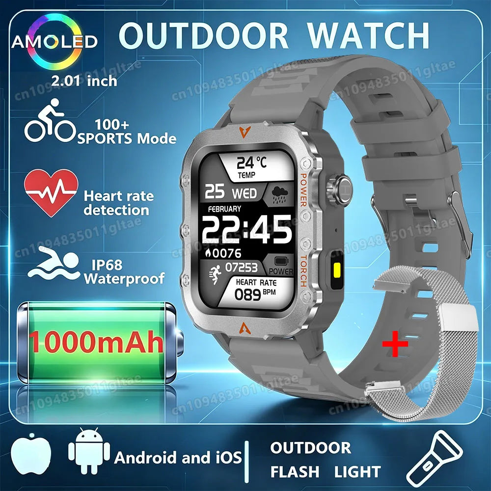 2026 New Military Outdoor Smart Watch Men's GPS Flashlight Bluetooth Call 2.01" AMOLED Screen 3ATM Waterproof Sports Smartwatch Peaceful Pleasures Health and Wellness Silver22Milan Smartwatch