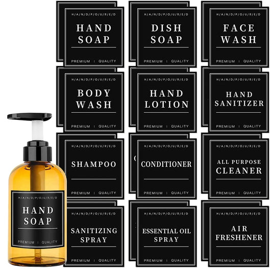 12pcs Shampoo and Conditioner Dispenser Label Stickers Bottles Waterproof Labels Bathroom Removable Cleaning Labels Peaceful Pleasures Health and Wellness