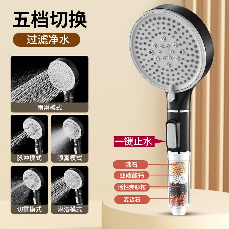 5-Mode Handheld Shower Head with Filter & Stop Button