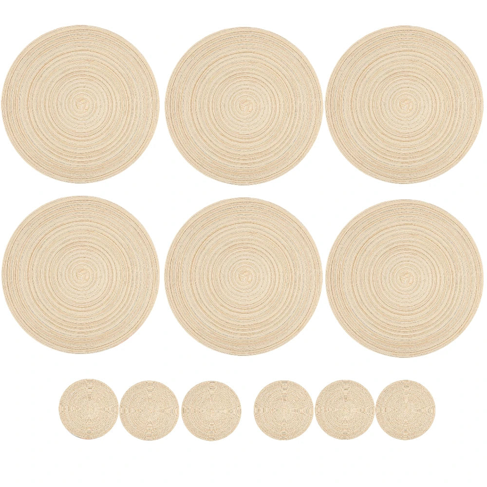 Set of 6 Round Braided Table Mat Washable Placemats Non Slip Heat Resistant for Kitchen Dining Tables Pad With 6Pc Cup Coasters Peaceful Pleasures Health and Wellness Cotton 33.5cm Beige 6 Mats 6 Coaster