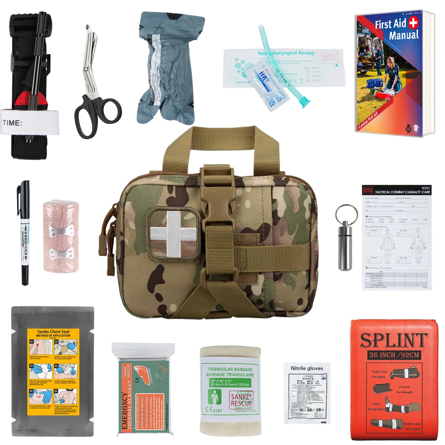 IFAK Trauma Kit First Aid Medical Pouch Emergency Tourniquet Chest Seal Survival Gear Equipment with Molle Car Travel Hiking Peaceful Pleasures Health and Wellness Camouflage Suit