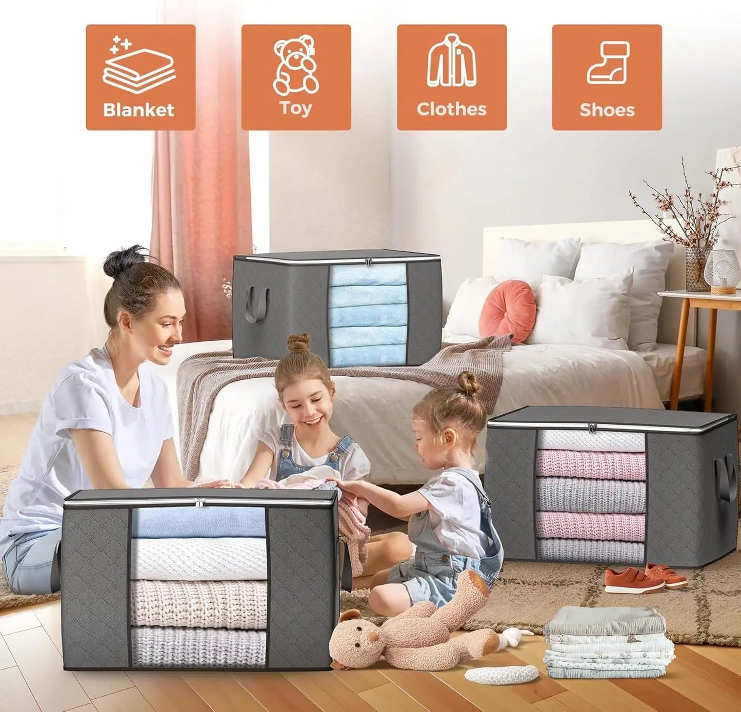 90L Foldable Storage Bags 6-Pack – Reinforced Handle for Clothes & Blankets, Gray Storage Bag Peaceful Pleasures Health and Wellness