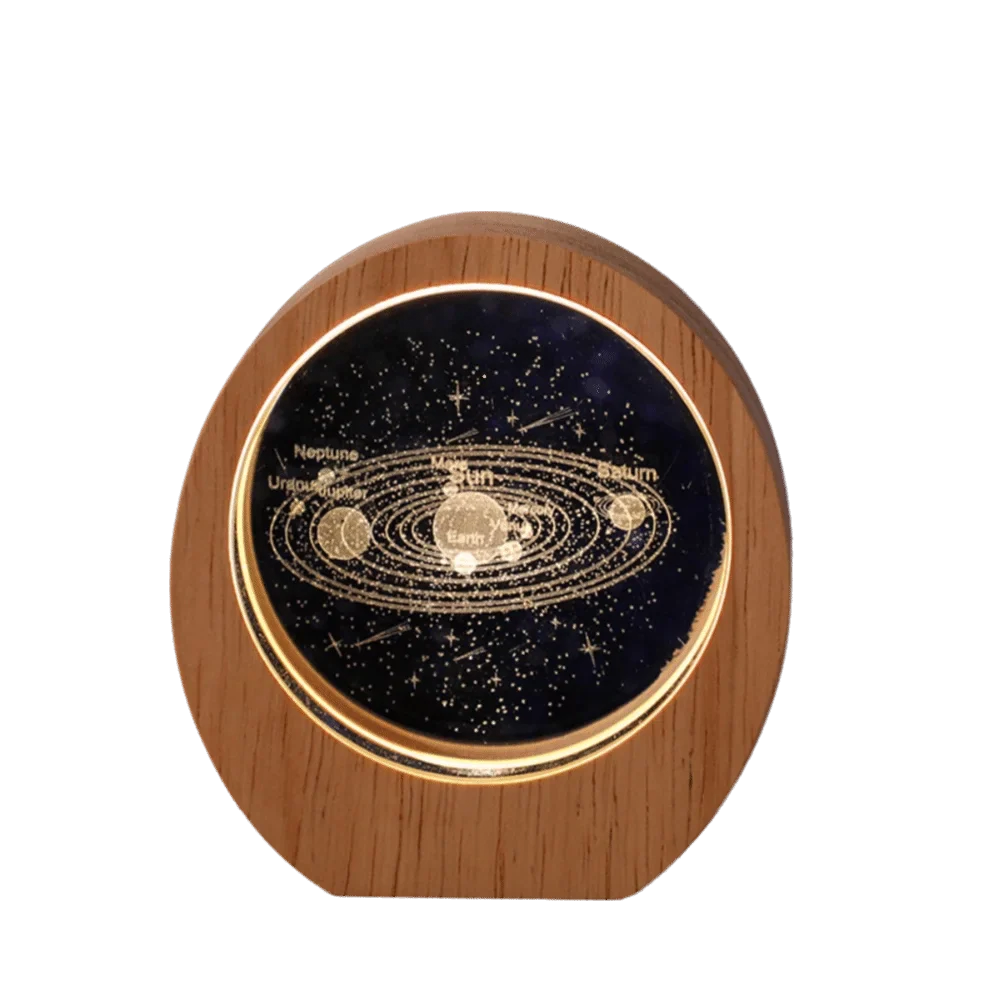 3D Solar System Planet Night Light – Wood Base Crystal Glow