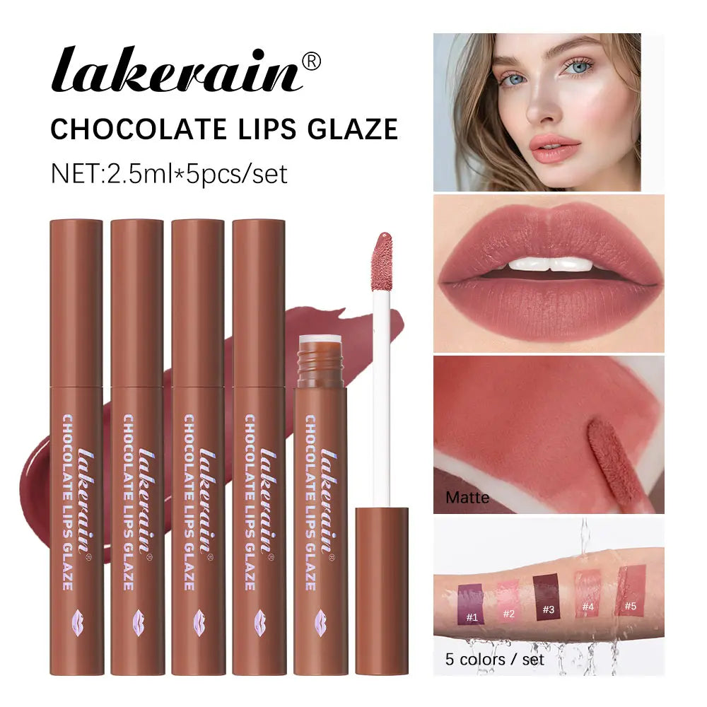 Lakerain Chocolate Lip Gloss Set Long Lasting Matte Finish Lip Tint Waterproof Sweat-proof NonStick Cup Liquid Lipstick 5pcs/Kit Peaceful Pleasures Health and Wellness