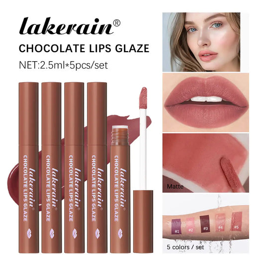 Lakerain Chocolate Lip Gloss Set Long Lasting Matte Finish Lip Tint Waterproof Sweat-proof NonStick Cup Liquid Lipstick 5pcs/Kit Peaceful Pleasures Health and Wellness