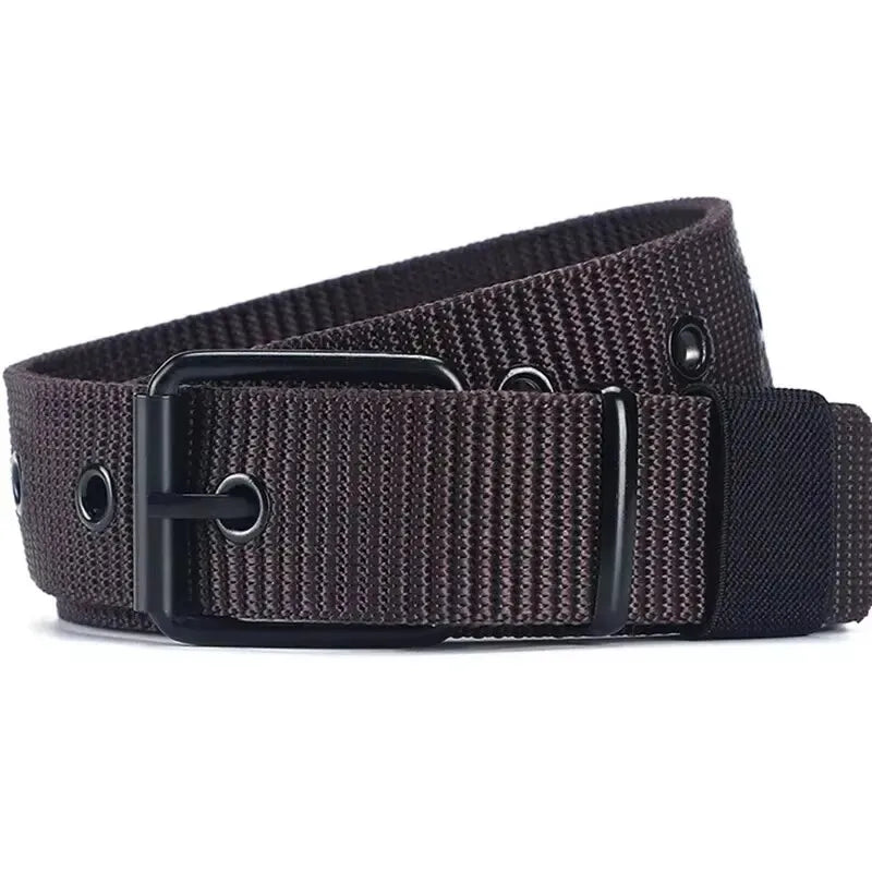 Men's Belt Porous Canvas Pin Buckle Leather Belt Outdoor Sports Belt Women's Trendy Eyelet Belt With Jeans Belt For Men Women Peaceful Pleasures Health and Wellness Coffee 120cm