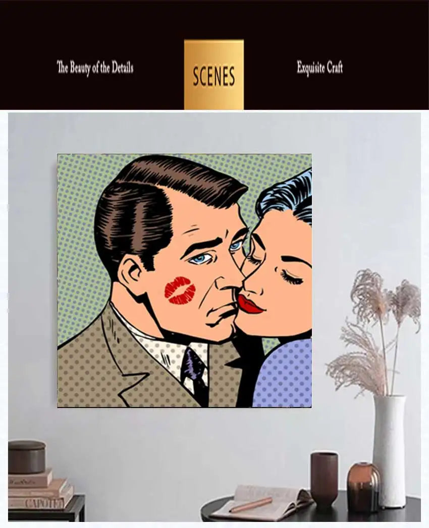 Pop Art Kissing Couple Canvas Wall Art Print | Bedroom Decor
