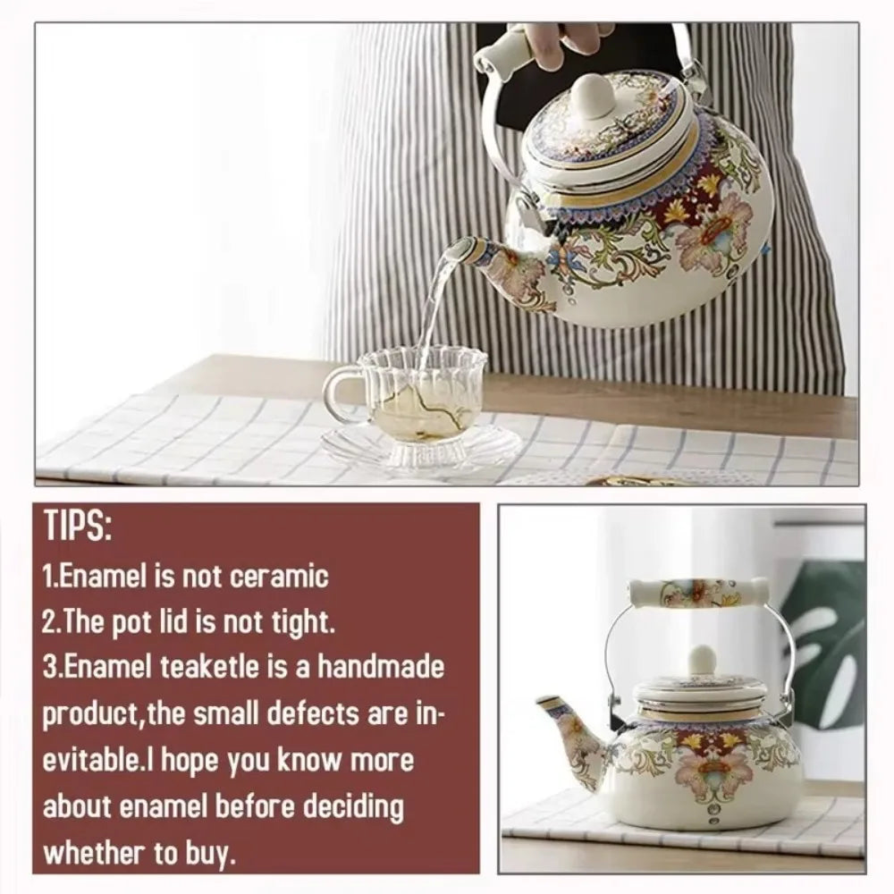 Chinese Style Enamel Teapot Floral Enameled 2.5L Gas Water Kettle Antiscald Handle Pear-shaped Coffee Pot Gas Induction Cooker Peaceful Pleasures Health and Wellness