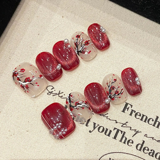 Handmade Press-On Nails Lamei Flower Red Cat Eye | YADORNOS Press-On Nails Peaceful Pleasures Health and Wellness