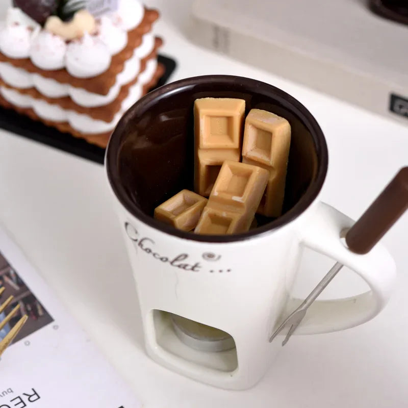 130ML European Candle Cup Cheese Chocolate Melting Ceramic Mug Heating Food Ceramic Mug with Fork Creative Coffee Mug Tableware Peaceful Pleasures Health and Wellness