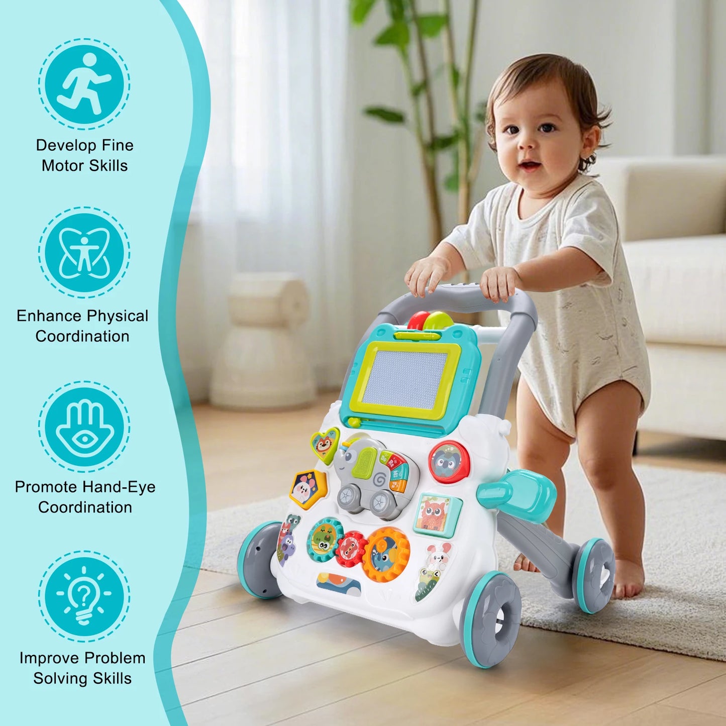 Baby Cartoon Push Walker Toys Music Drawing Board Multifunction