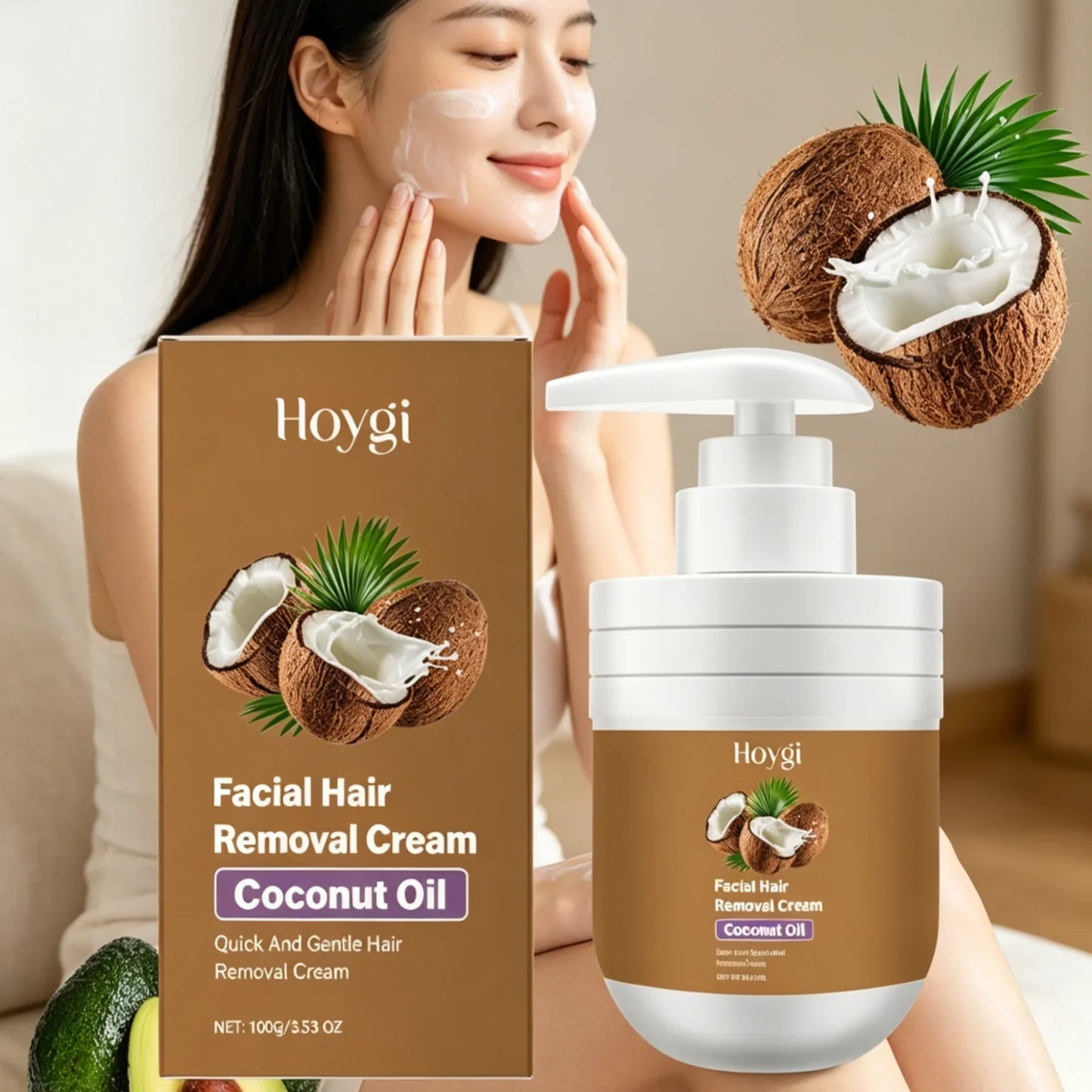Hoygi Facial Hair Removal Cream – Coconut Oil, Painless