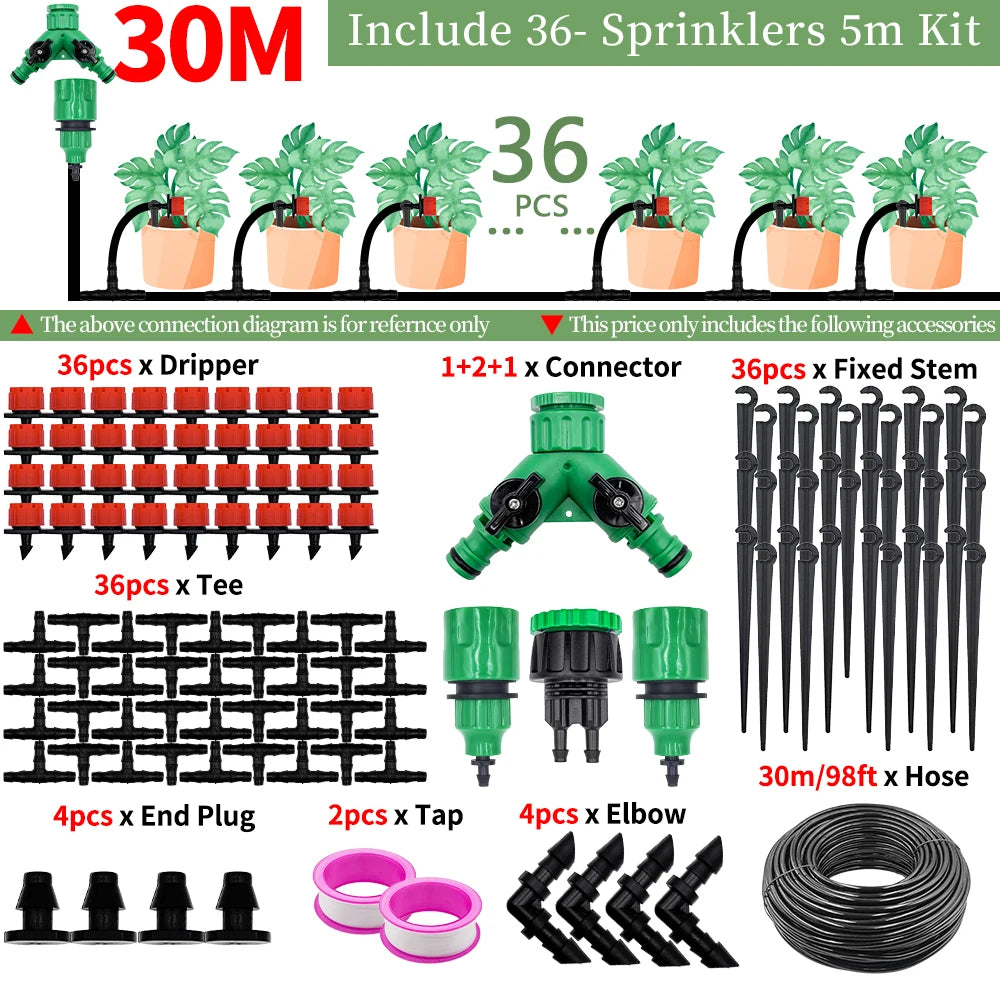 5-50M 1/ 4'' Greenhouse Garden Drip Irrigation Automatic Watering System Kit Nozzles for Bonsai Pot Plant Lawn Flower Vegetable Peaceful Pleasures Health and Wellness 30M