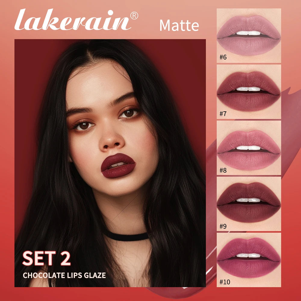 Lakerain Chocolate Lip Gloss Set Long Lasting Matte Finish Lip Tint Waterproof Sweat-proof NonStick Cup Liquid Lipstick 5pcs/Kit Peaceful Pleasures Health and Wellness