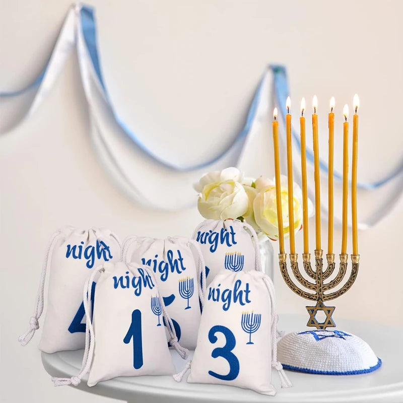 8-Piece Hanukkah Countdown Gift Bags | Candlestick Design Pouches Holiday Gift Bags Peaceful Pleasures Health and Wellness