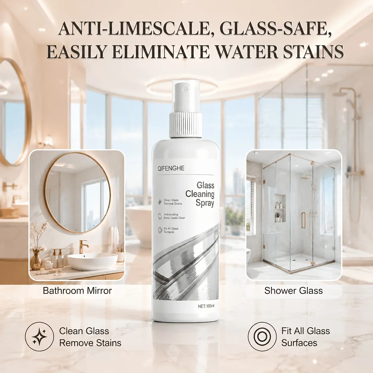 QIFENGHE Glass Cleaner Spray – Mirror, Shower & Tile