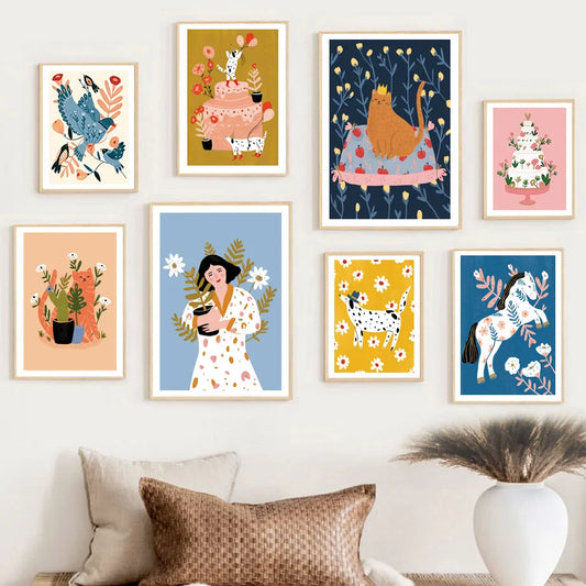 Colorful Girl Cat Horse Dog Bird Flower Cake Wall Art Canvas Painting Nordic Posters Prints Pictures for Living Room Home Dec Peaceful Pleasures Health and Wellness