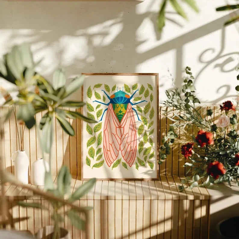 Modern Botanical Cicada Canvas Wall Art Print | Bug Poster