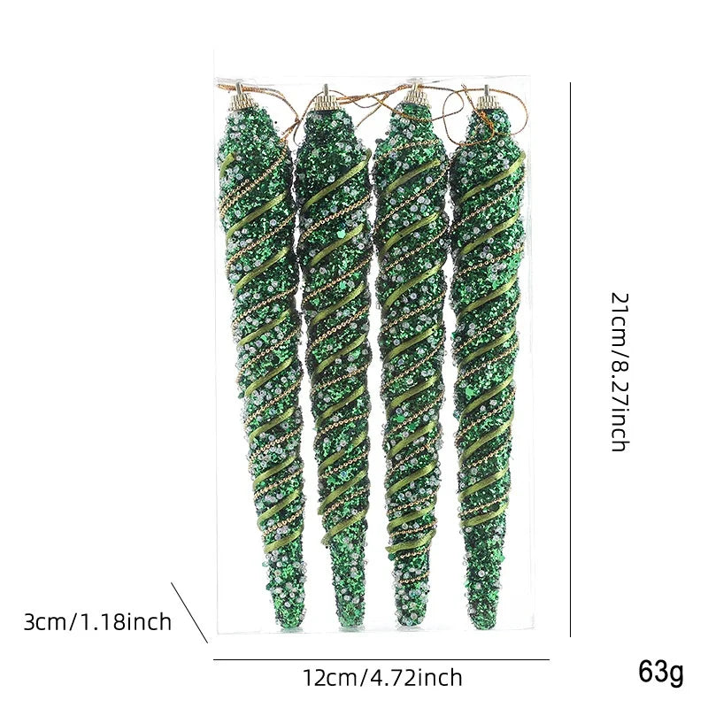 4PCS Glitter Icicle Christmas Tree Ornaments – 21cm Spiral Set