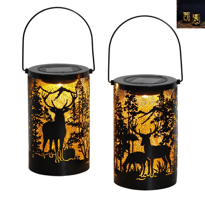 Solar Powered Deer Shaped Iron Lantern Outdoor Garden Decor with Etched Cutout Design Projection Light for Patio Yard Decoration Peaceful Pleasures Health and Wellness