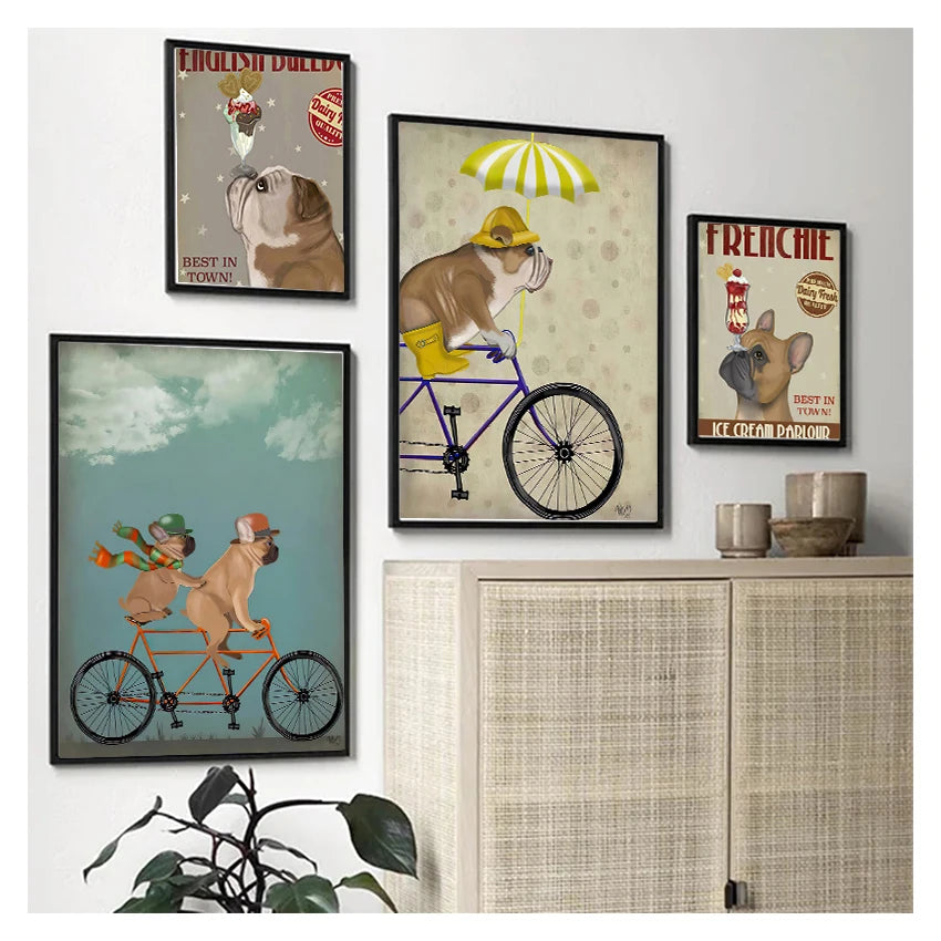 English Bulldog Ice Cream Retro Canvas Wall Art | Unframed
