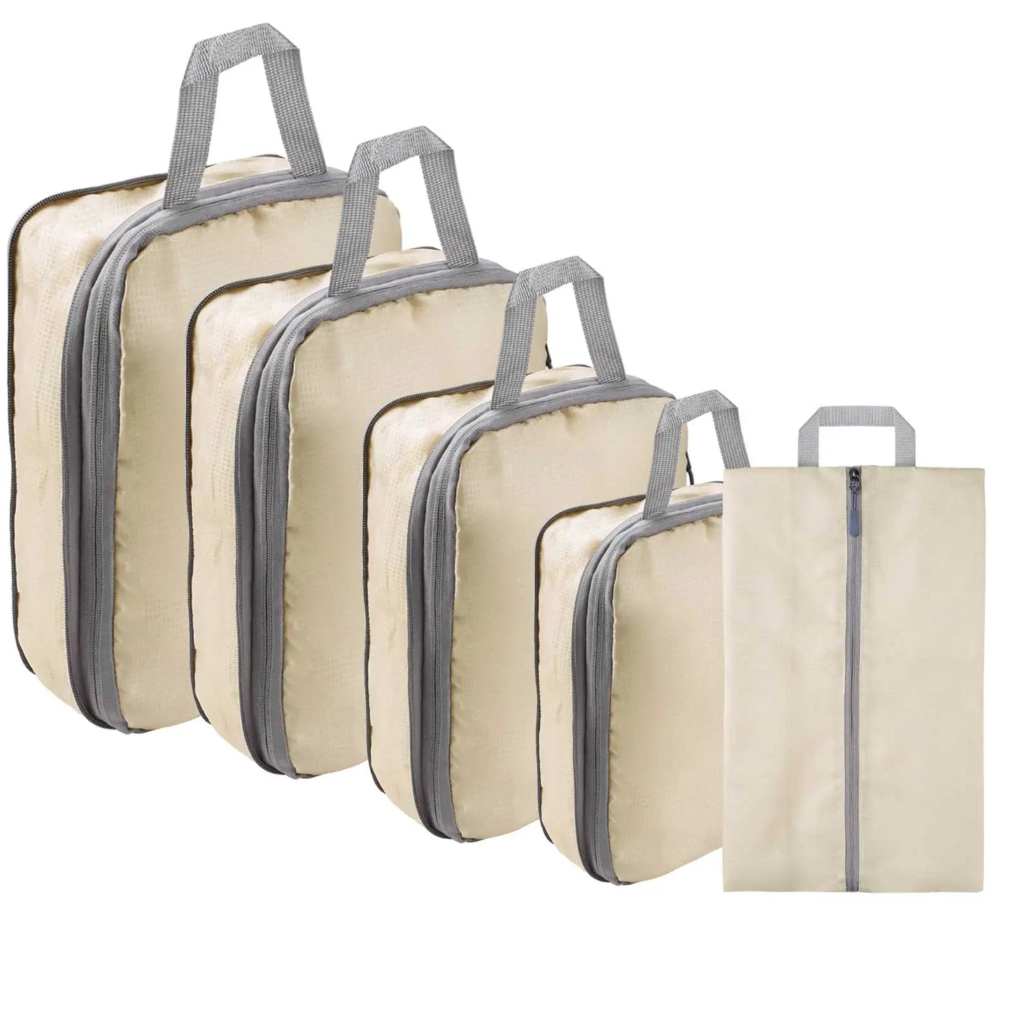 5/8pc Set Compression Packing Cube Extensible Waterproof Organizer Bags for Travel Suitcase Clothing Luggage Sorting W/ Shoe Bag Peaceful Pleasures Health and Wellness 5pcs beige
