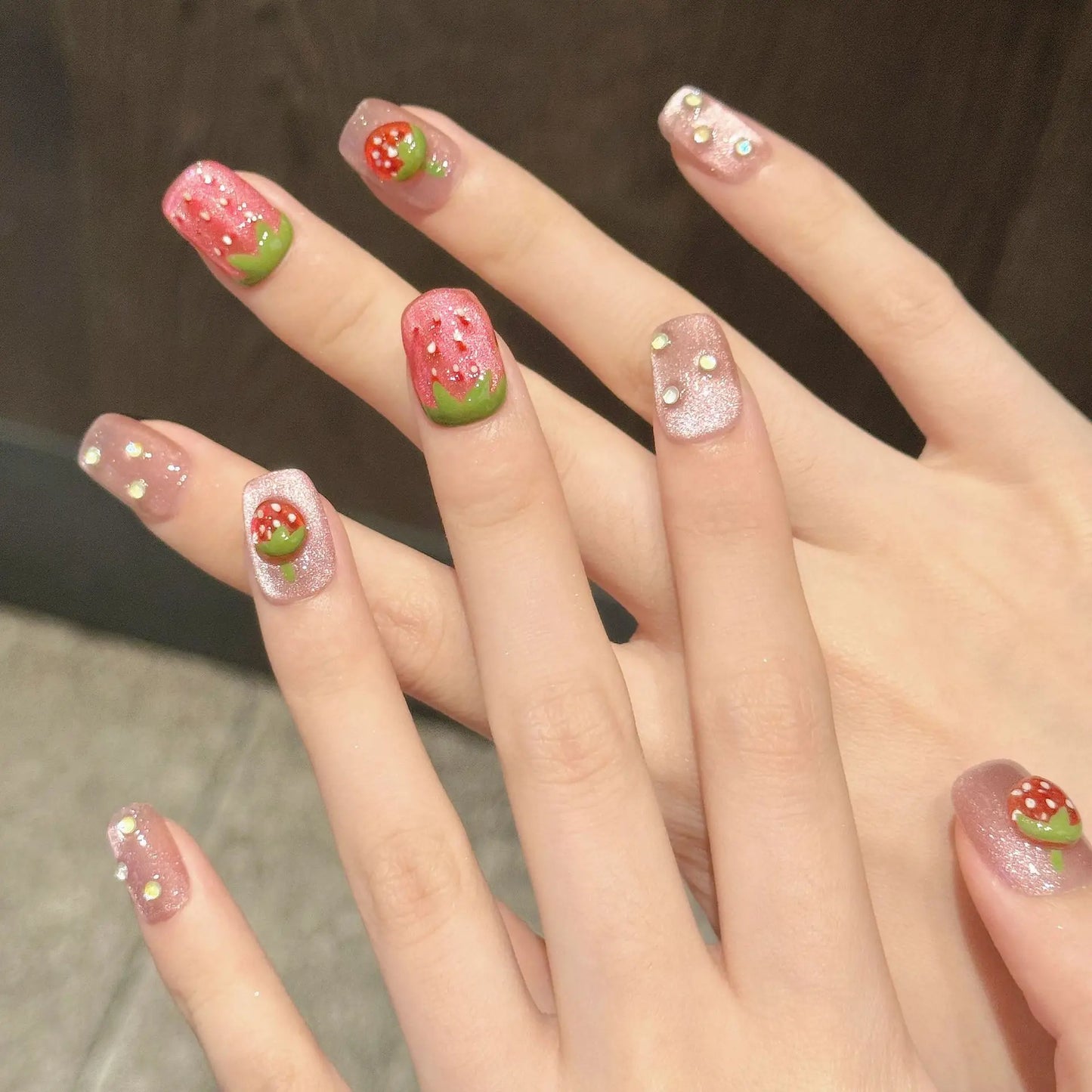 10pcs Handmade Press on Nails 3D Strawberry Decor Fake Nails for Girl Wearable Detachable Short Pink Cat Eye False Nail Tips Peaceful Pleasures Health and Wellness