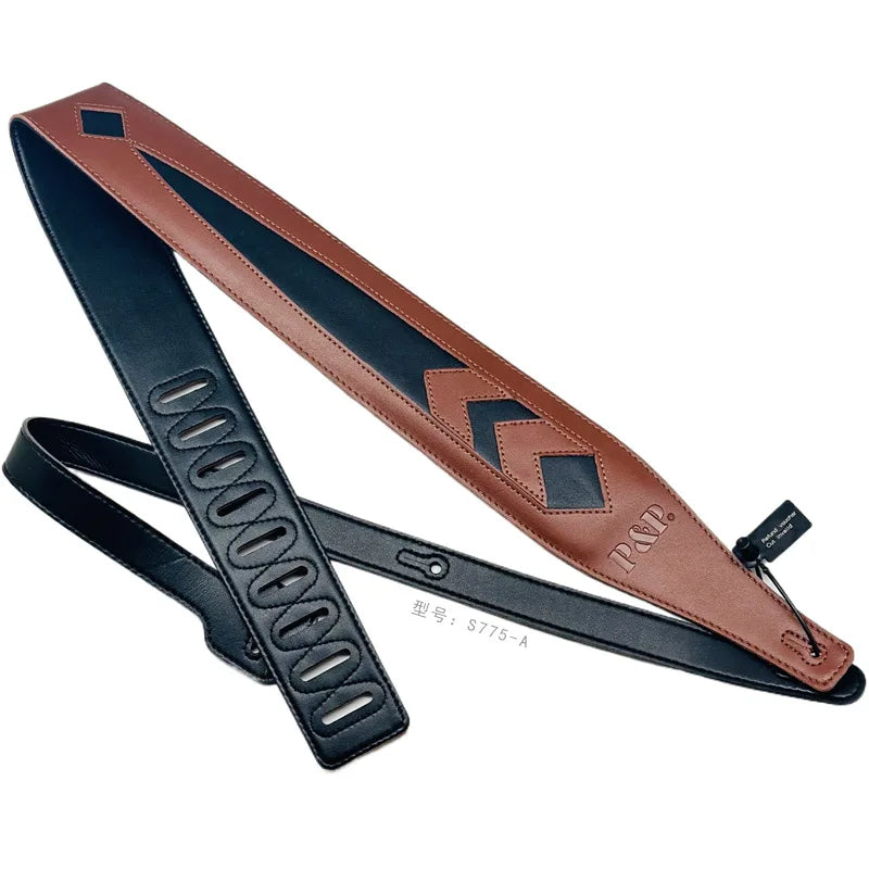 PP Guitar Strap Leather Shoulder Pads Lightning Cowhide Brown White