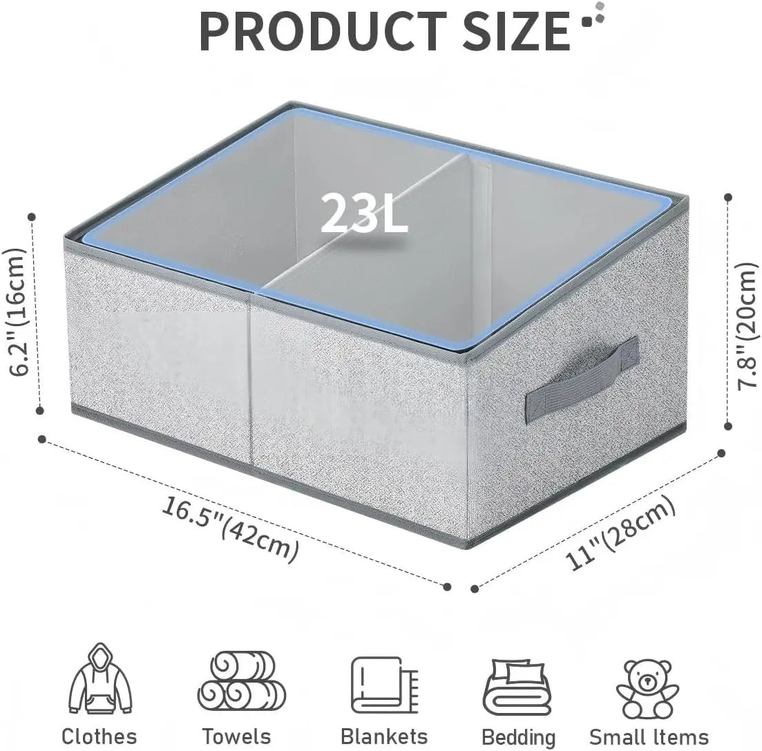 Storage box with dimensions labeled, suitable for clothes, towels, blankets, bedding, and small items.