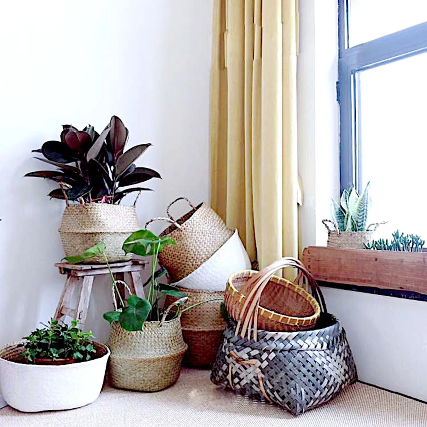 Seagrass Wickerwork Basket Portable Dirty Laundry Hamper Storage Basket Garden Plant Basket Home Decor Peaceful Pleasures Health and Wellness