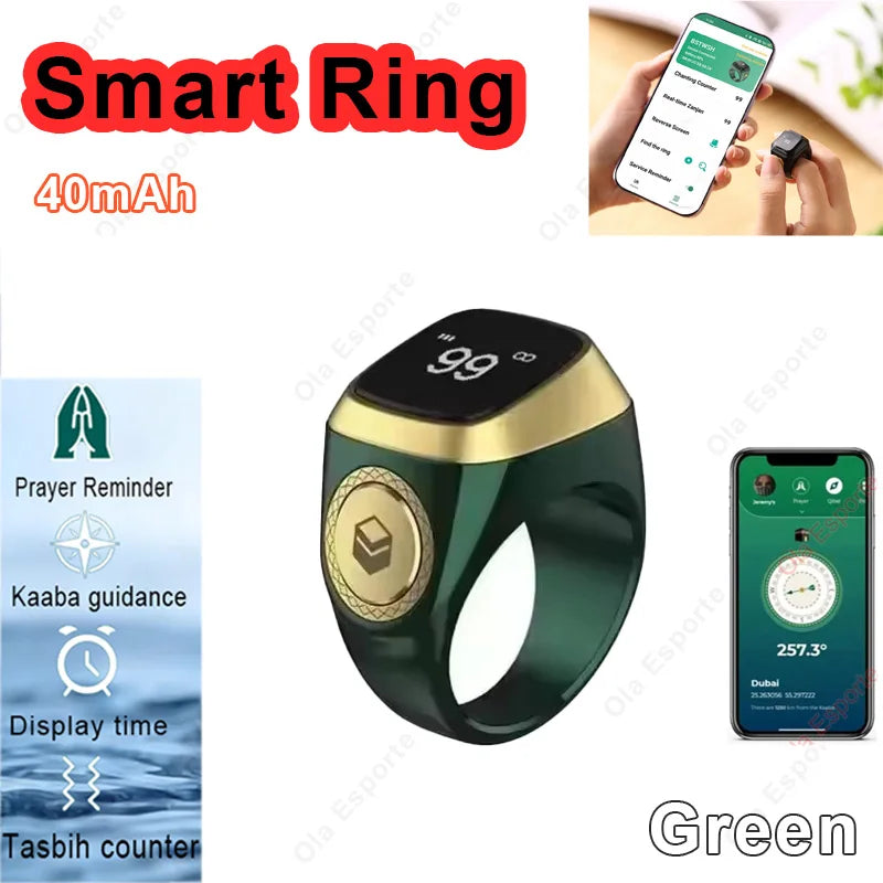 2026 New Smart Ring Men Women Prayer Reminder Tasbih counter Display Time 49 Inch HD Screen Bluetooth Life WaterProof Smartring Peaceful Pleasures Health and Wellness Green 1 22