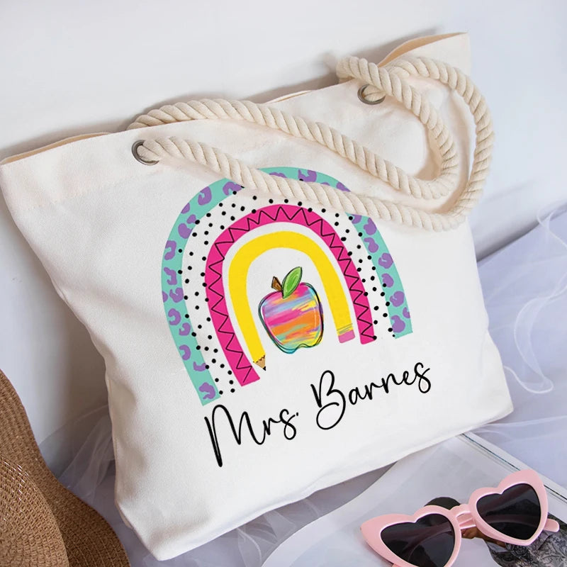 Personalized Rainbow Pencil Canvas Tote | Teacher Gift Bag