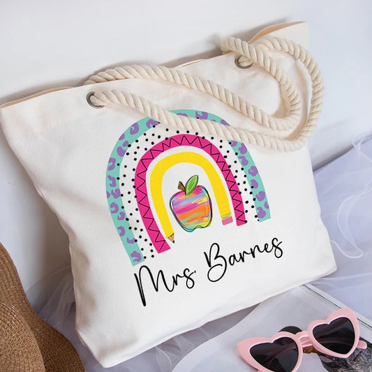 Personalized Rainbow Pencil Canvas Tote | Teacher Gift Bag Personalized Tote Bag Peaceful Pleasures Health and Wellness