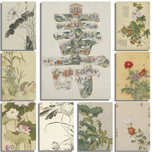 Colorful Wild Flowers Vintage Chinese Botanical Canvas Wall Art Print Canvas Wall Art Print Peaceful Pleasures Health and Wellness