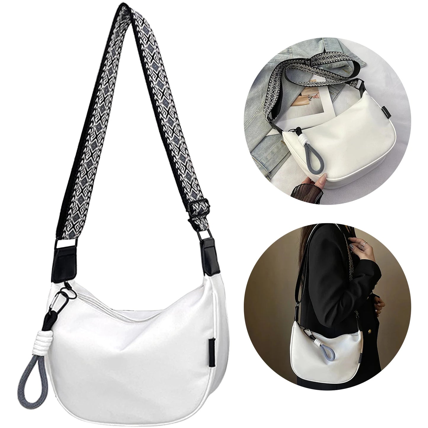 Sling Crossbody Bag for Women Portable Travel Dumpling Bag With Adjustable Strap for Sports Festival Workout Peaceful Pleasures Health and Wellness White With Black Jac