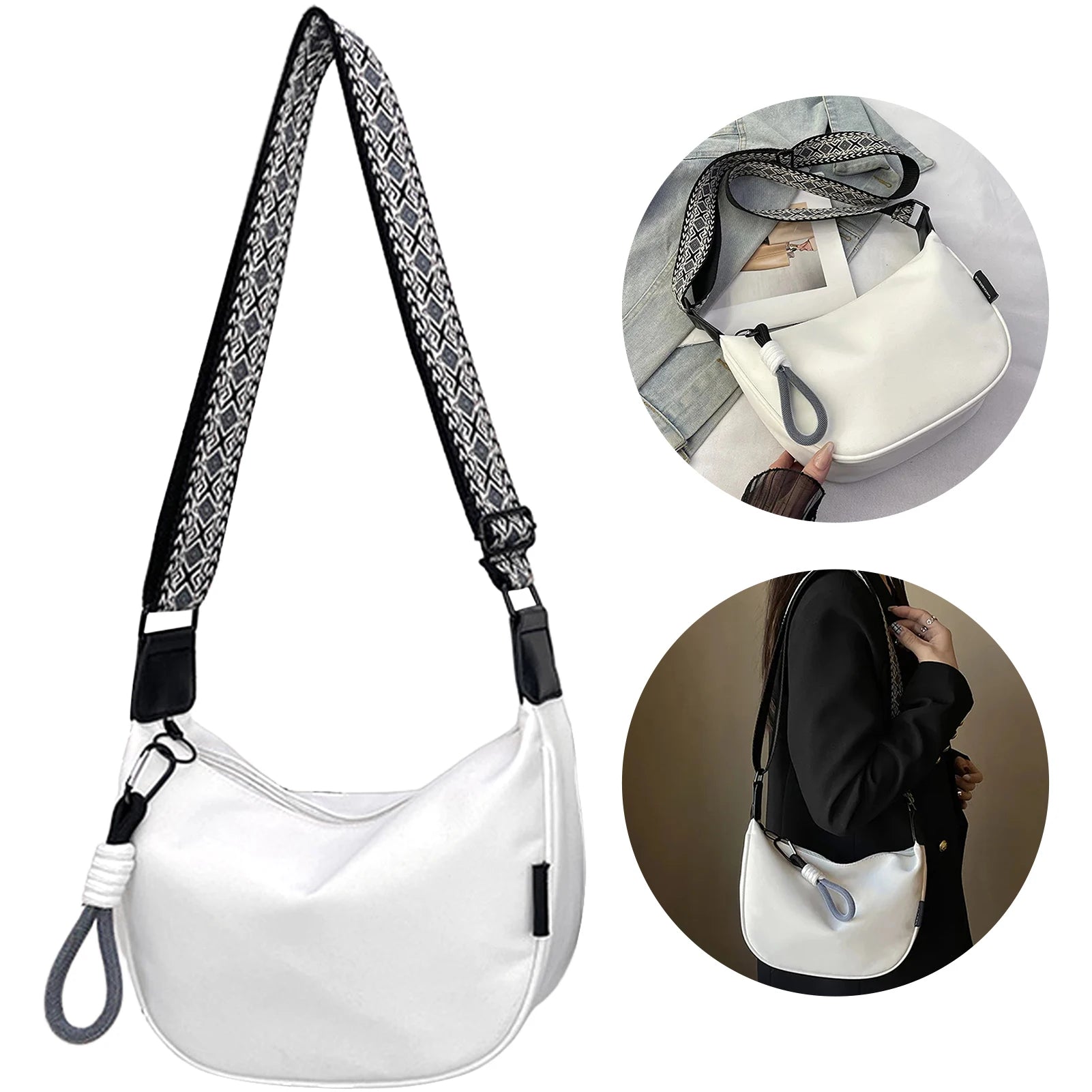 Sling Crossbody Bag for Women Portable Travel Dumpling Bag With Adjustable Strap for Sports Festival Workout Peaceful Pleasures Health and Wellness White With Black Jac