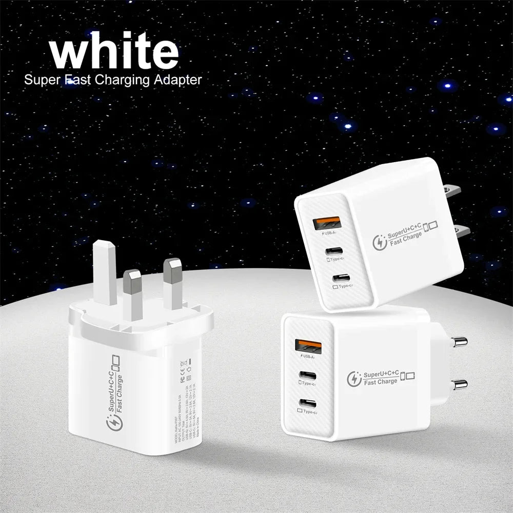 48W 3-Port USB-C Fast Charger PD QC 3.0 | EU US UK Plug