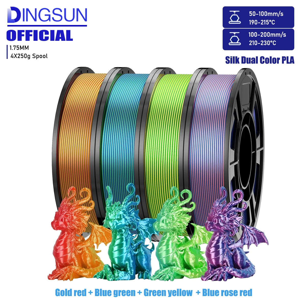 Dual-Color Shiny PLA Filament 1.75mm | 4 Colors, 200g–1kg