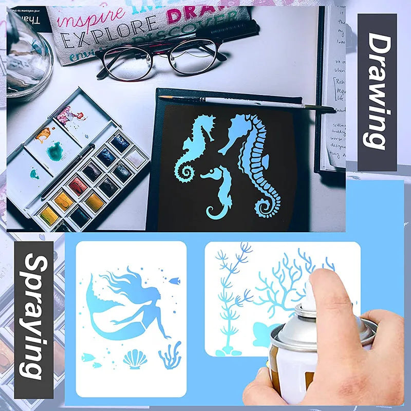 Reusable Sea Ocean Creatures Painting Stencils Kids Drawing Boards
