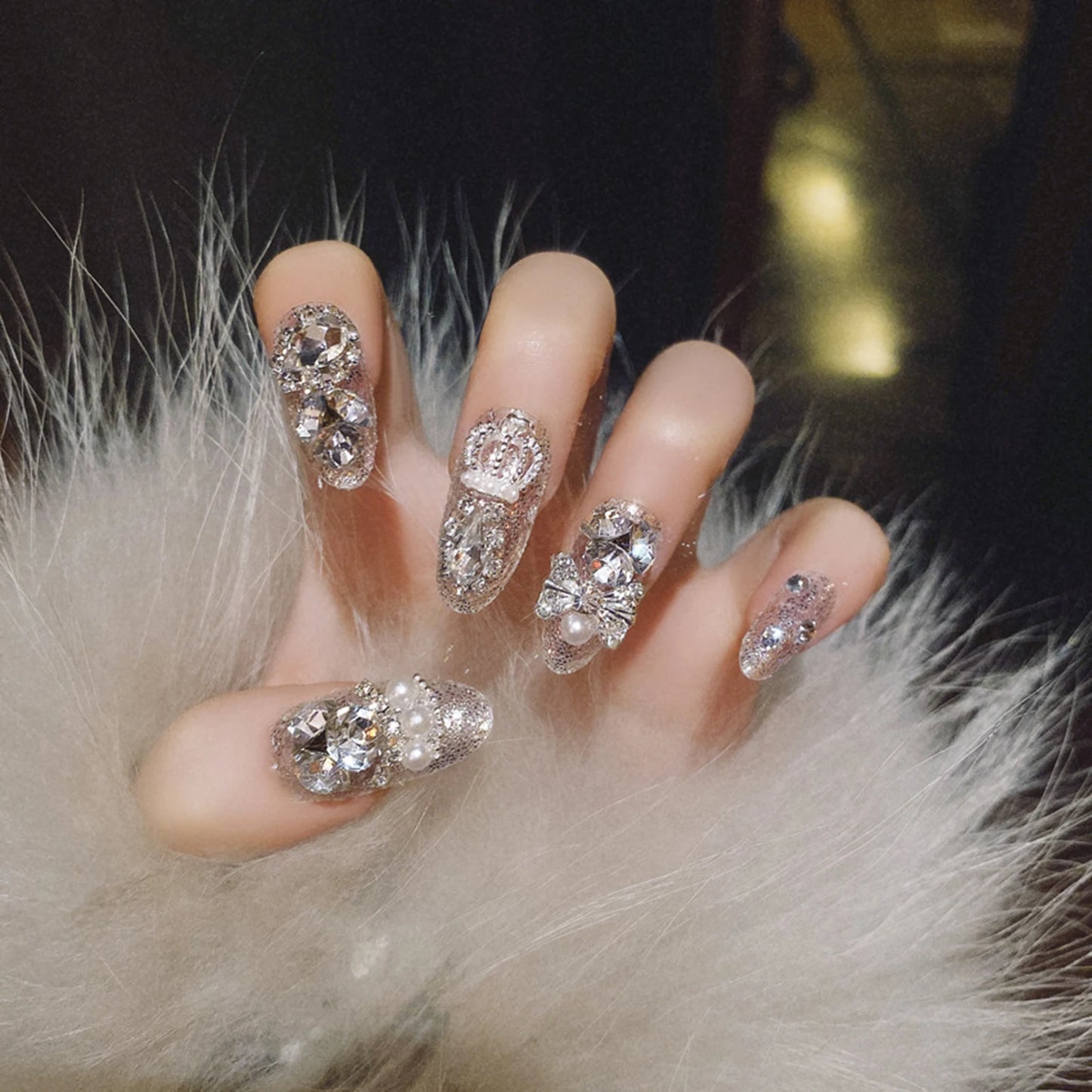24pc Rhinestone Pearl Press-On Nails | 3D Crown Bridal Set