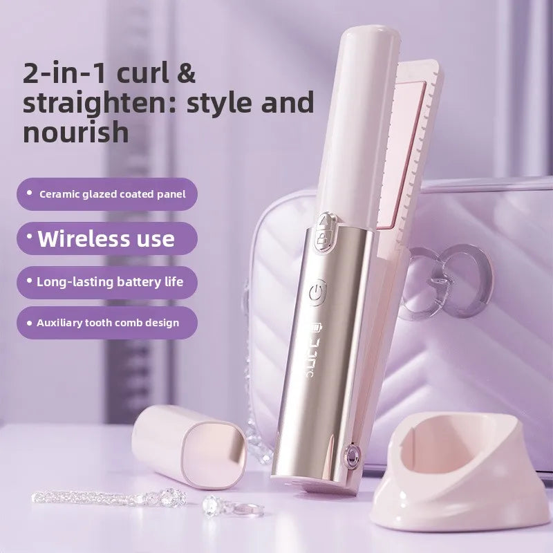 2-in-1 Wireless Hair Straightener & Curler Comb | Portable