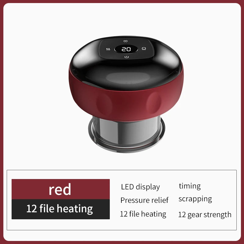 Smart Vacuum Cupper Body Cupping Scraping Massager Electric Heated Suction Cup Device Back Neck Arm Massager Relieve Fatigue Peaceful Pleasures Health and Wellness 12 Levels Red