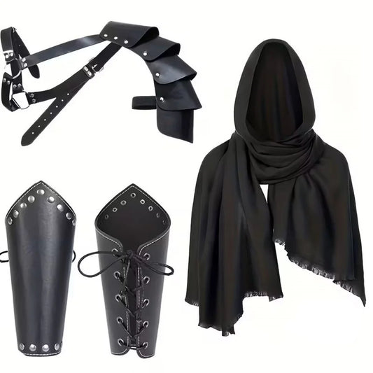 1 Men Vintage Medieval Knight Hooded Cloak Scarf Renaissance Belt Peaceful Pleasures Health and Wellness StyleF 4PCS