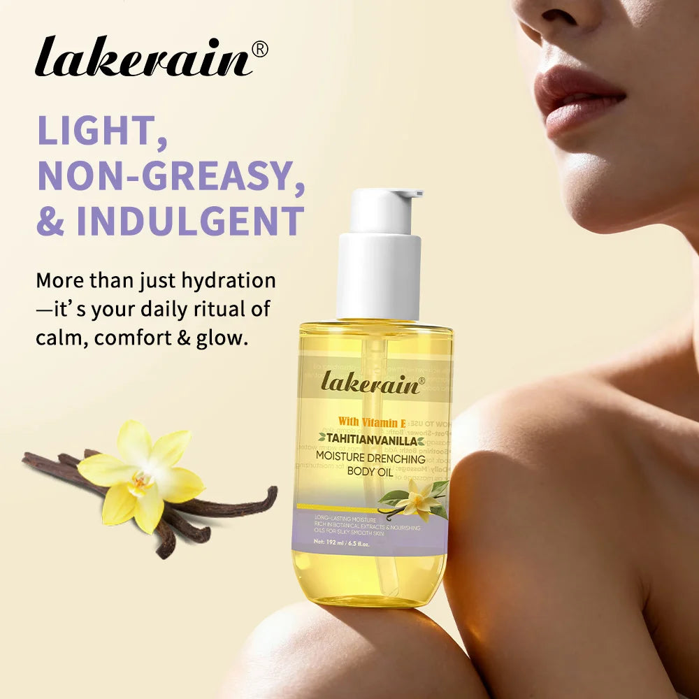 Lakerain Moisture Drenching Body Oil Deeply Hydrating Long Lasting Nourishment Glossy Skin Non-Greasy Cream Flavor Body Oil Peaceful Pleasures Health and Wellness