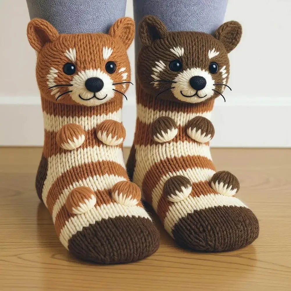 3D Knit Animal Socks Cute Floor Socks Hand Crocheted Double Layer Warm Sock with Cute Rabbit Panda Animals Christmas Gifts Peaceful Pleasures Health and Wellness