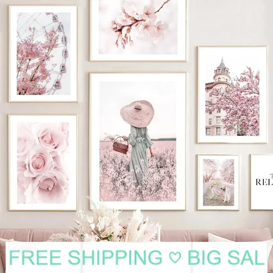 Nordic Pink Flower Canvas Wall Art Sakura Rose Tulip Floral Landscape Aesthetic Poster for Bedroom Living Room Home Decor Peaceful Pleasures Health and Wellness
