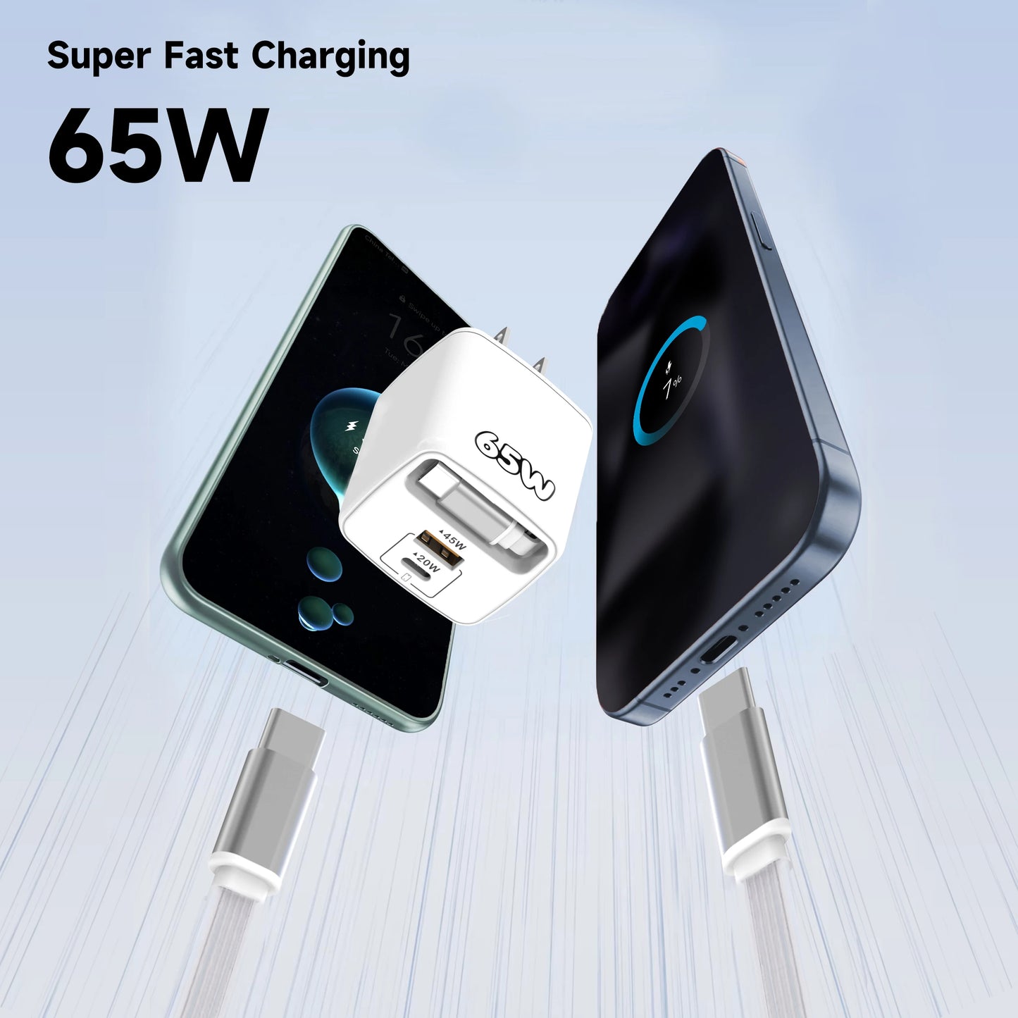 65W 3-in-1 USB-C Fast Wall Charger PD Quick Charge