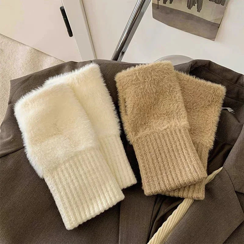 Women's Mink Fleece Fingerless Gloves | Half Finger Winter Mitts